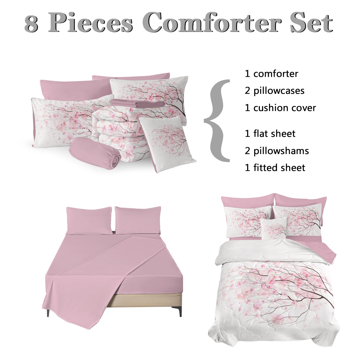Cherry Blossom Comforter Set - 8 Pieces Twin Size Soft Bedding