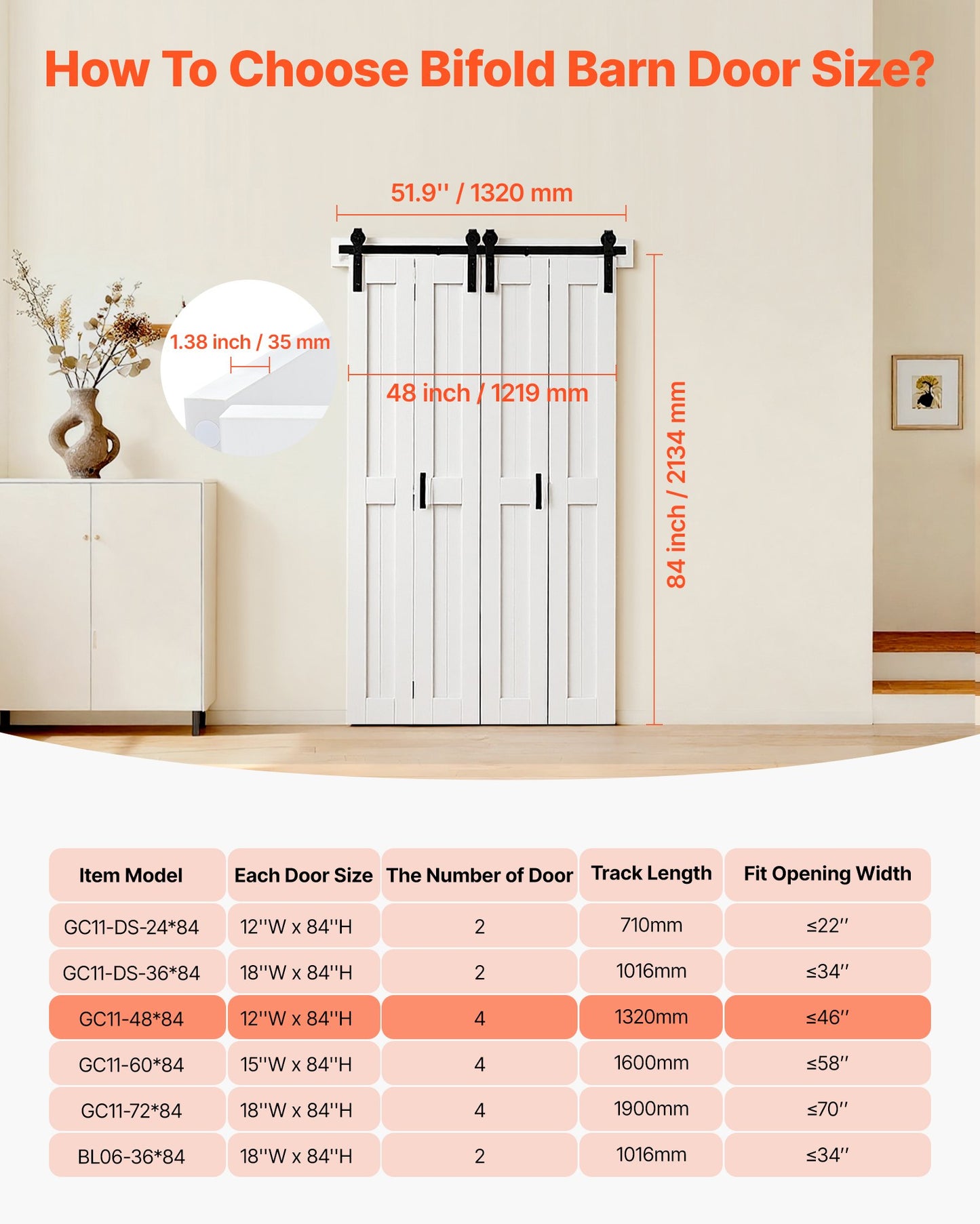 48-Inch MDF Bifold Barn Door with Hardware Kit - White Space-Saving Sliding Closet Door
