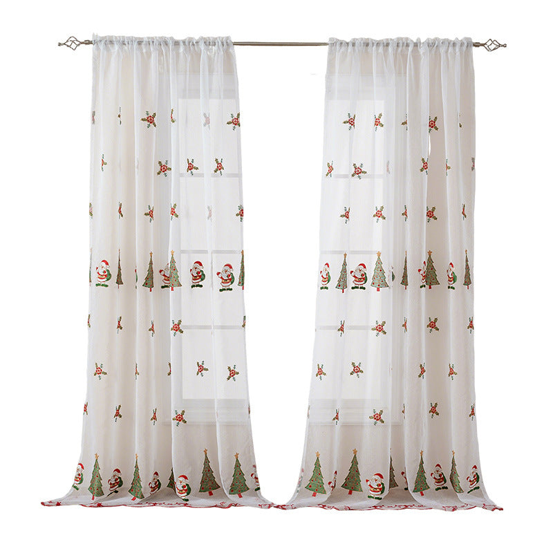 Christmas Tree Embroidery Curtain Set - Holiday Holiday Decor