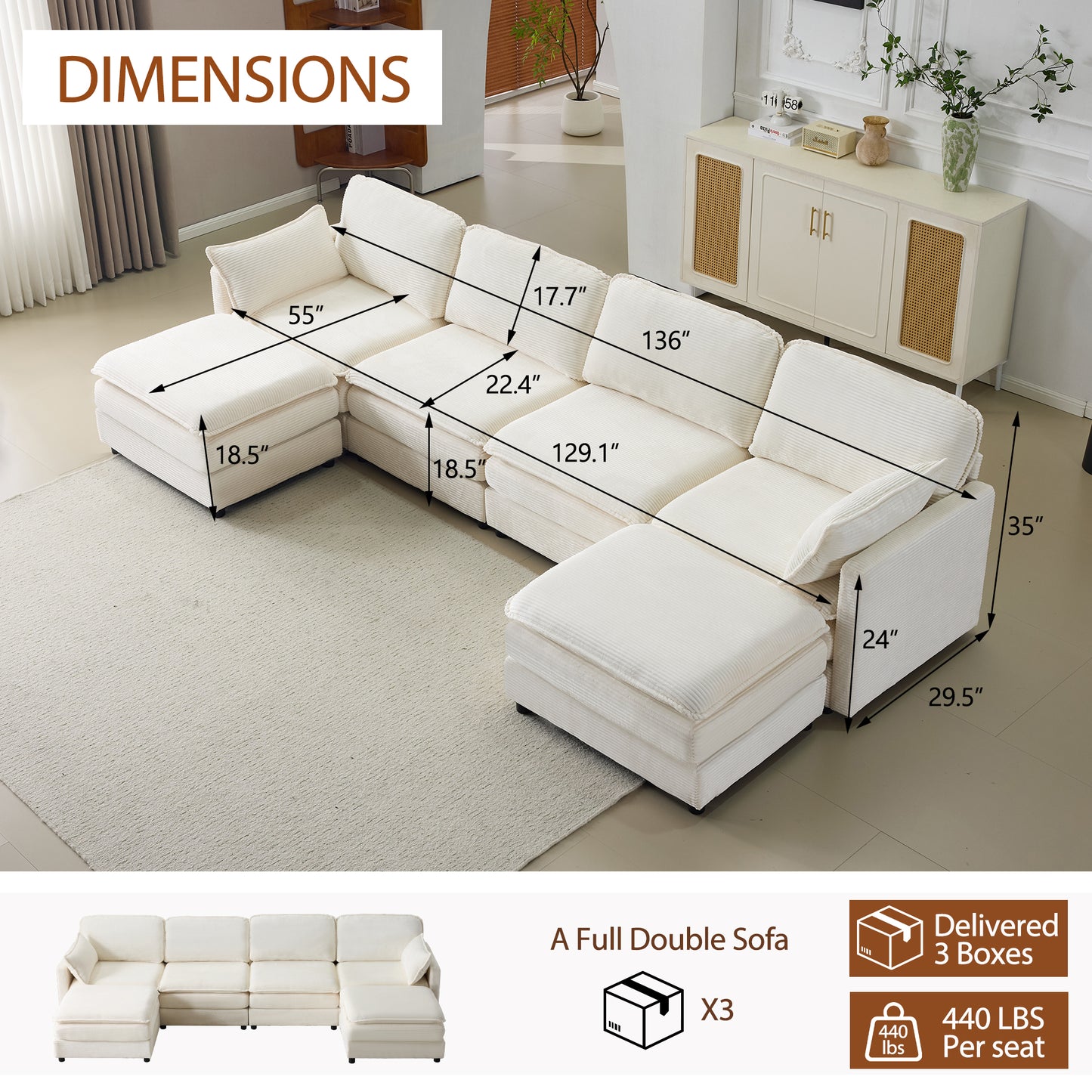 136" Plush Cloud Modular Sofa Set with 2 Footstools & Cushions - Beige