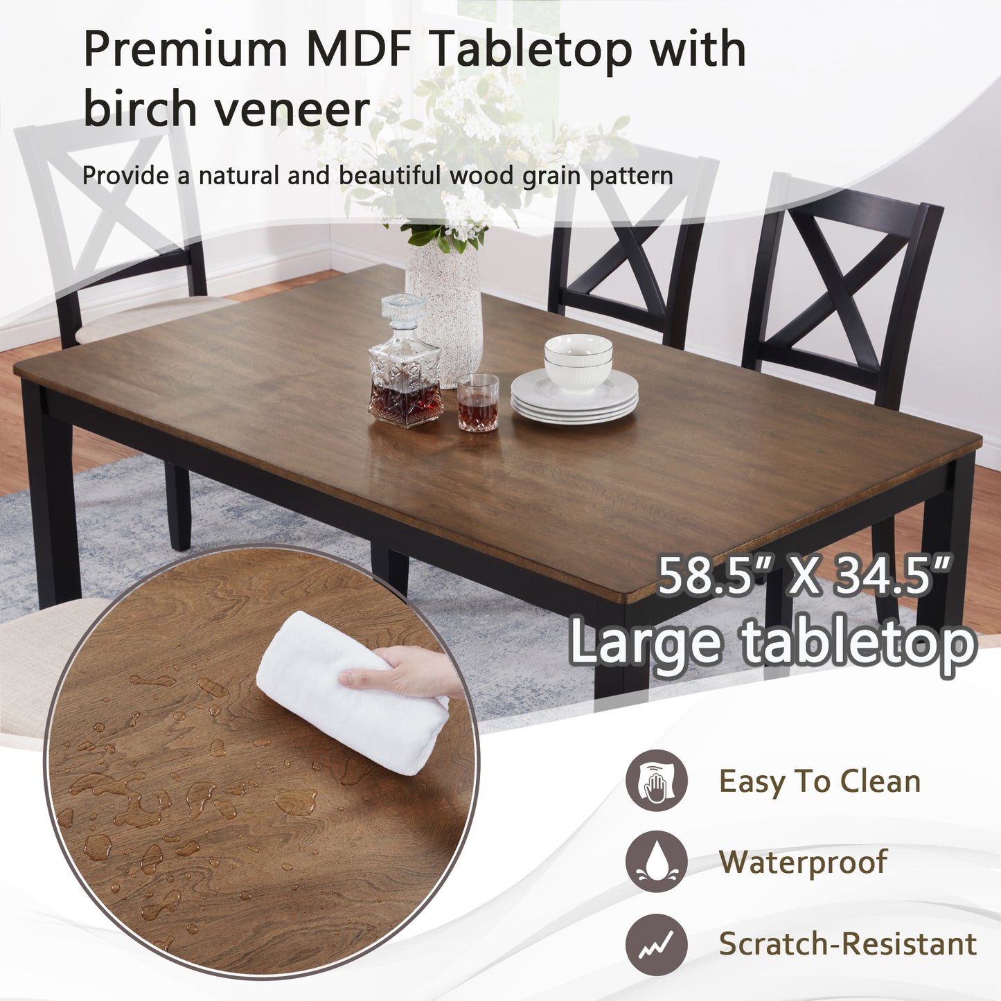 6-Piece Dining Table Set with Bench - Classic Black & Oak
