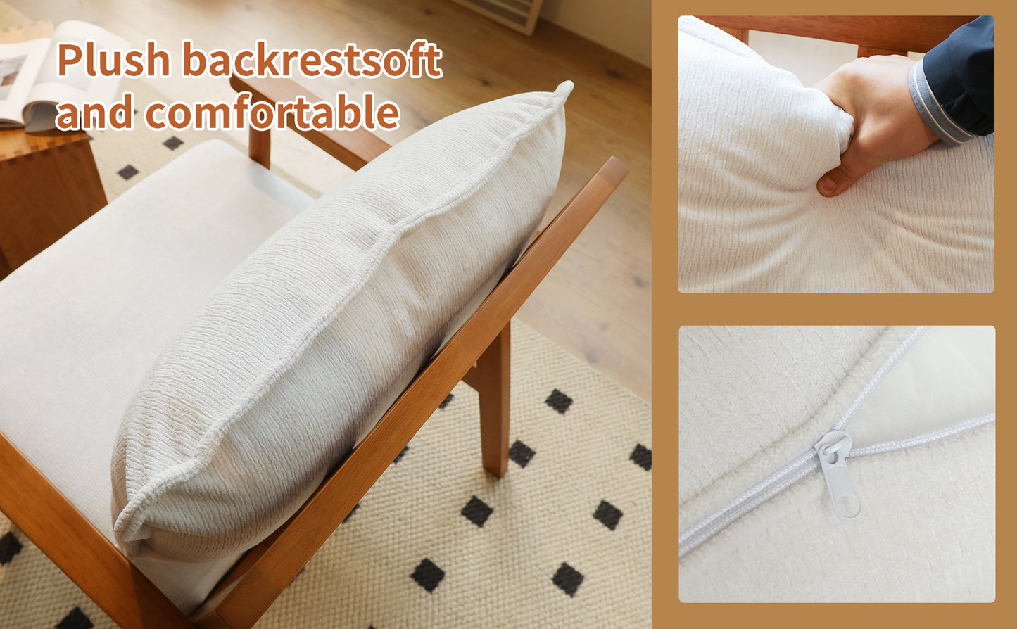 Accent Chair with Solid Wood Frame - White Fabric Cushion