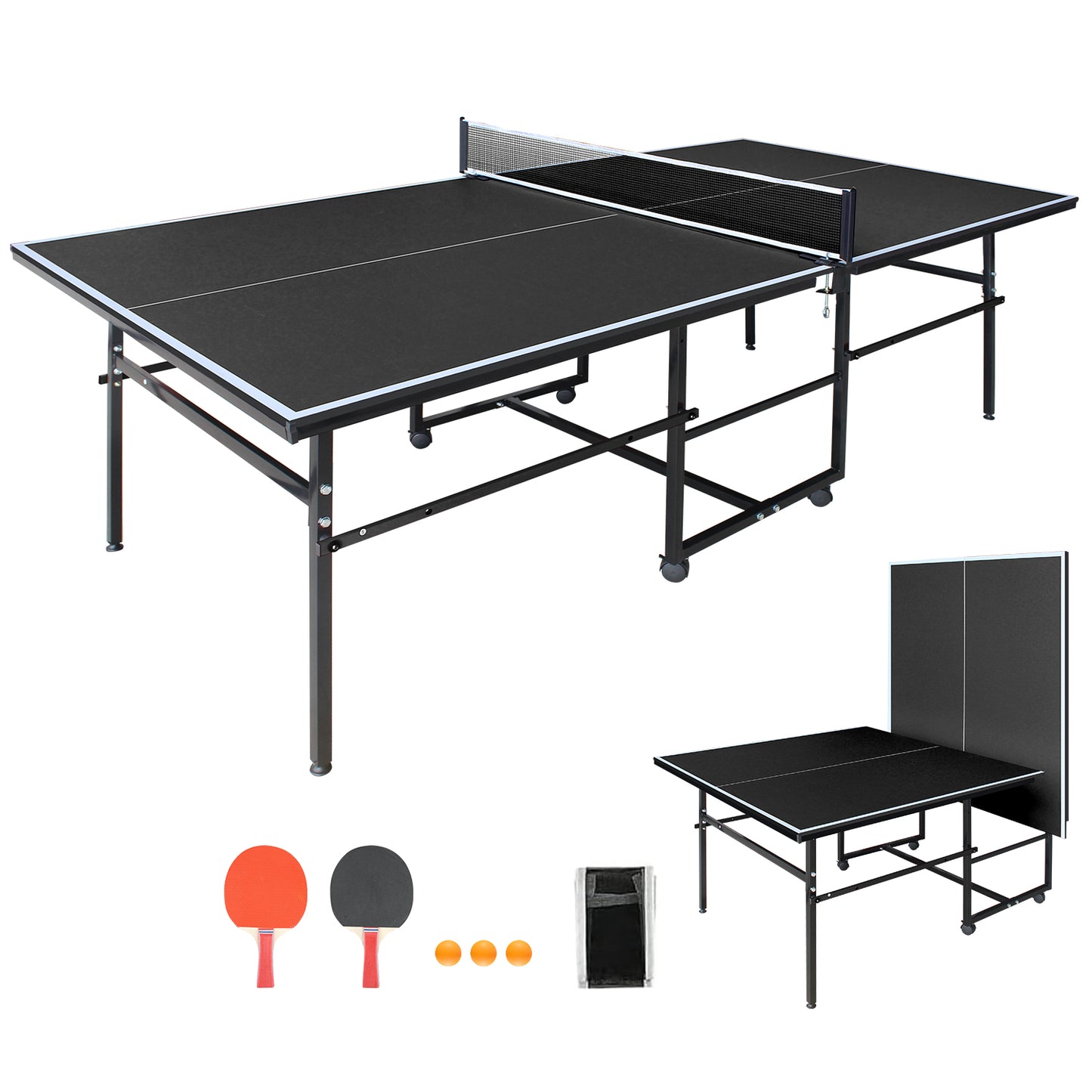 Mid-Size Foldable Black Table Tennis Table Set with Paddles & Balls