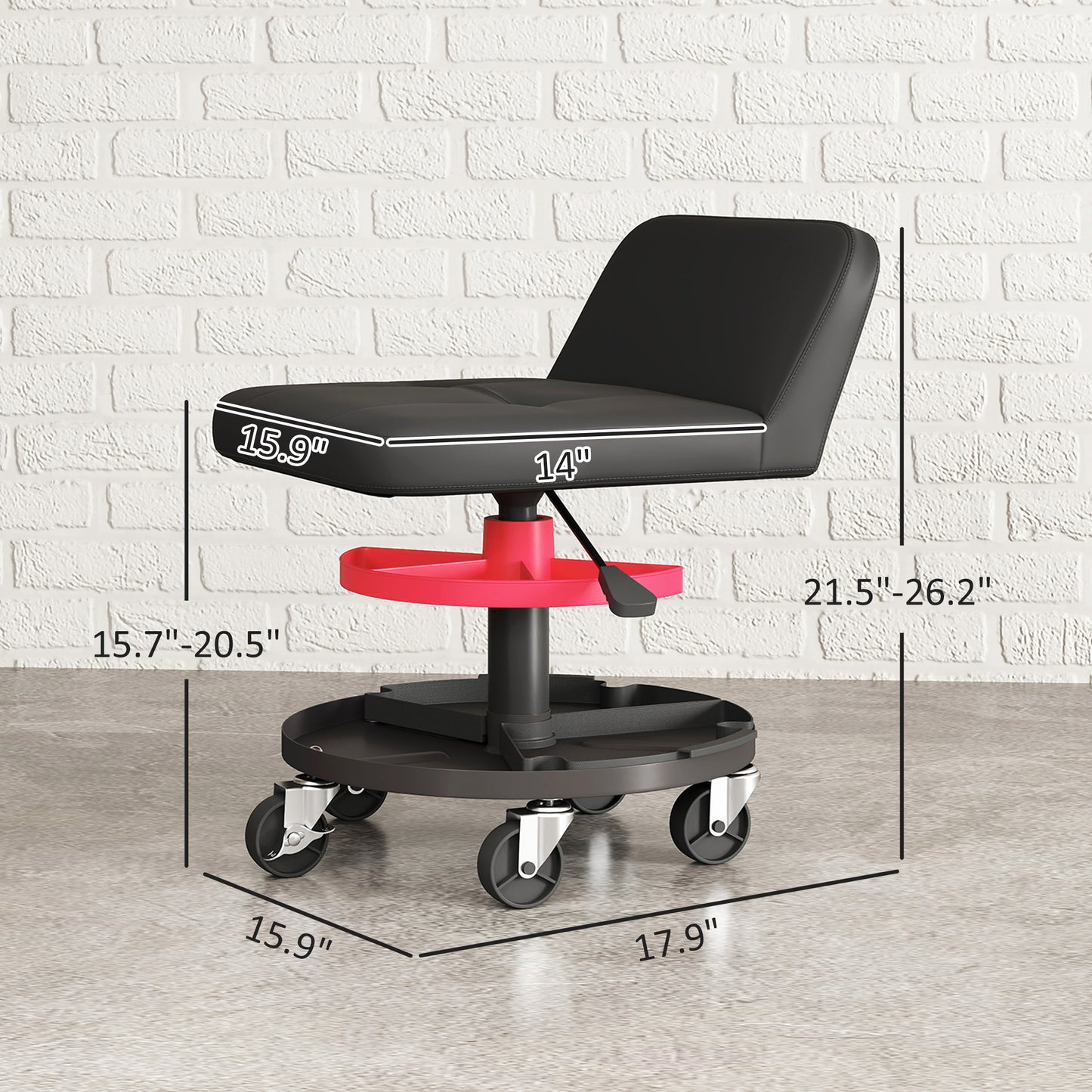 Garage Rolling Stool with Tool Tray - Adjustable Height, 300 LBS Capacity, Black