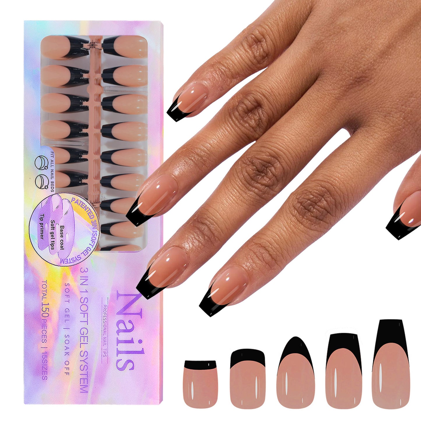 Black Nail Wraps - Seamless, Removable Nail Art Stickers for Ladies