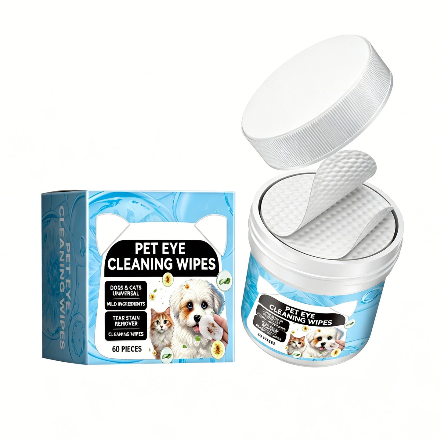 Pet Eye Cleaning Wipes for Dogs & Cats - Tear Stain Remover Pads, 60 Count