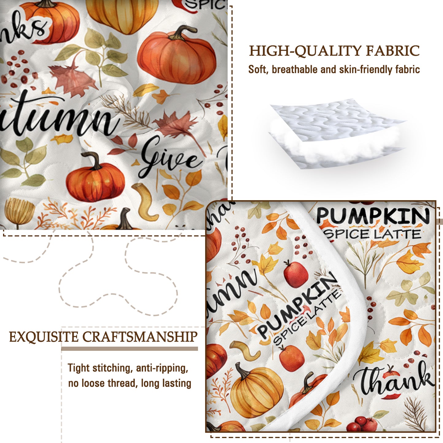 Pumpkin Autumn Leaves Quilt Set - 3 Piece Bedding Set with Pillow Shams