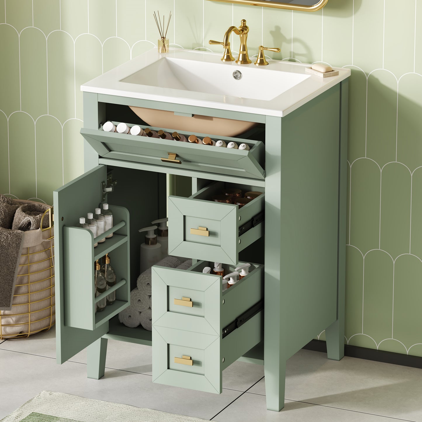 24'' Green Bathroom Vanity with Sink - Modern MDF & Rubberwood