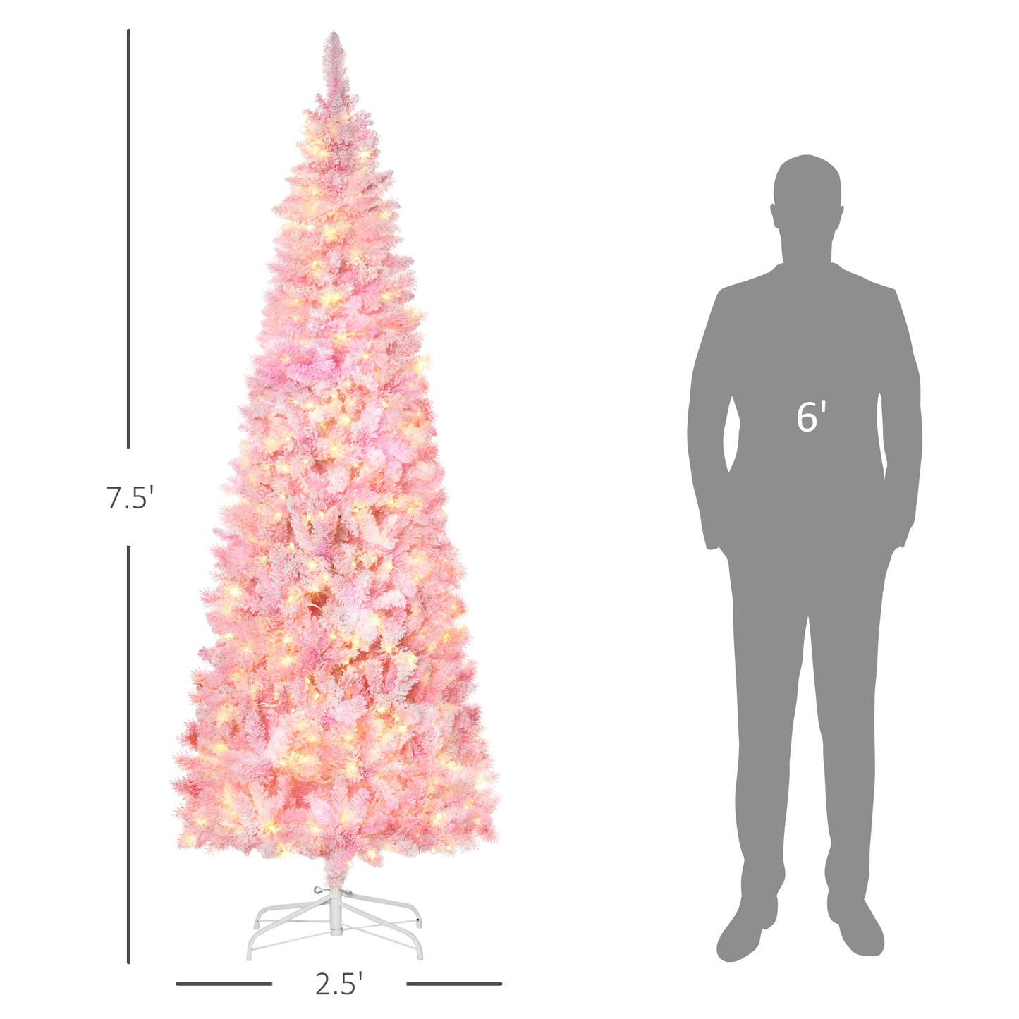7.5ft Prelit Snow Flocked Pink Pencil Christmas Tree with LED Lights