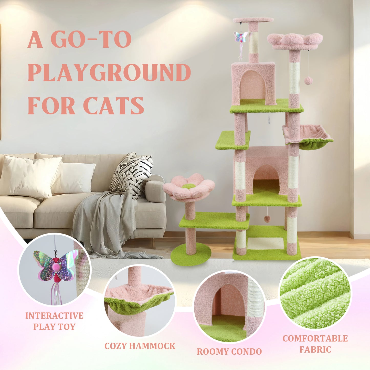 71-Inch Flower Cat Tree with Large Condo, Removable Flower Cushion & Hammock - Pink