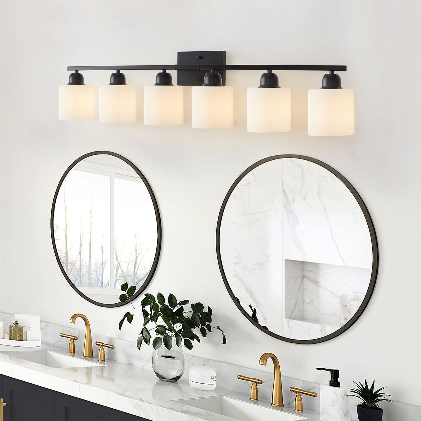 6-Light Matte Black Bathroom Vanity Light Fixture with Glass Shades