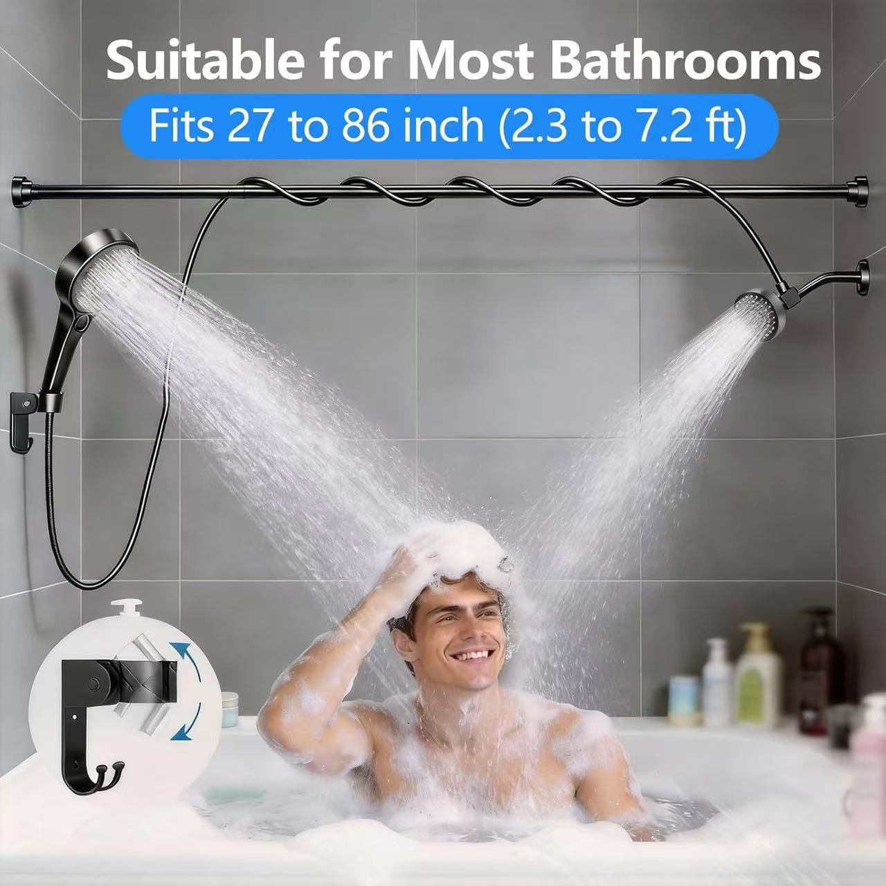 Dual-Head Pressurized Shower with Multi-Function Handheld Sprayer - Elegant Black