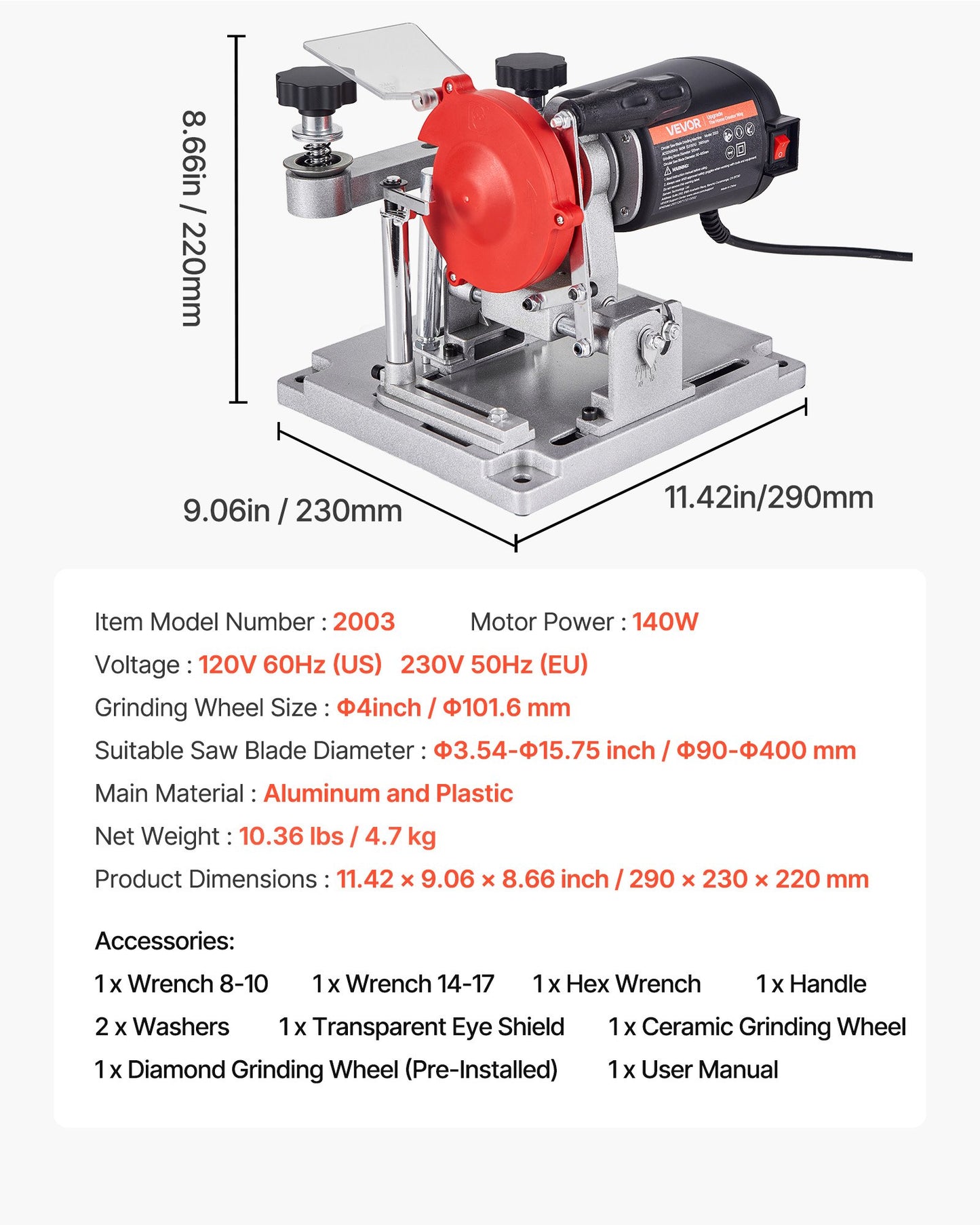 Circular Saw Blade Sharpener 140W Electric Grinder with Ceramic & Diamond Wheels