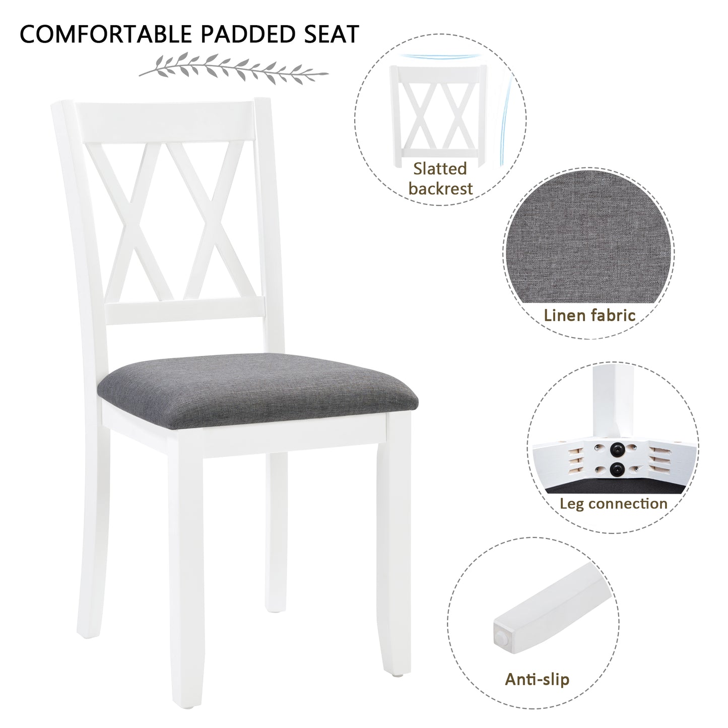 7-Piece Solid Wood Dining Set with 6 Upholstered Chairs - Grey & White