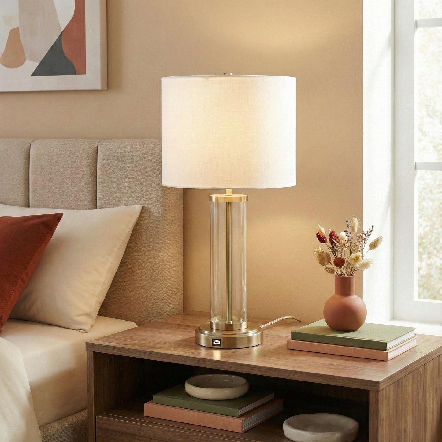 Luna Brushed Nickel Table Lamp With On Off Switch Clear Glass Body