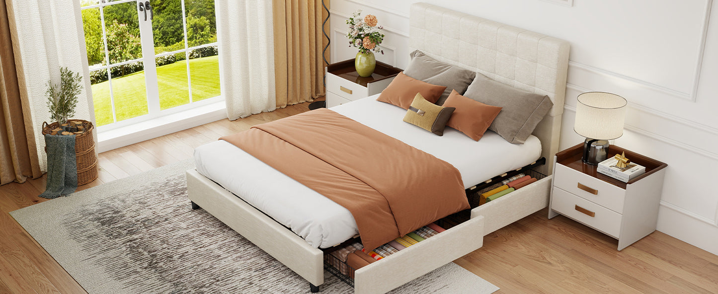 Bed Frame Upholstered Vertical Channel Headboard With 4 Storage
