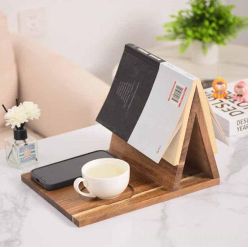 Solid Wood Triangular Bookend with Cup Coaster - Natural Finish