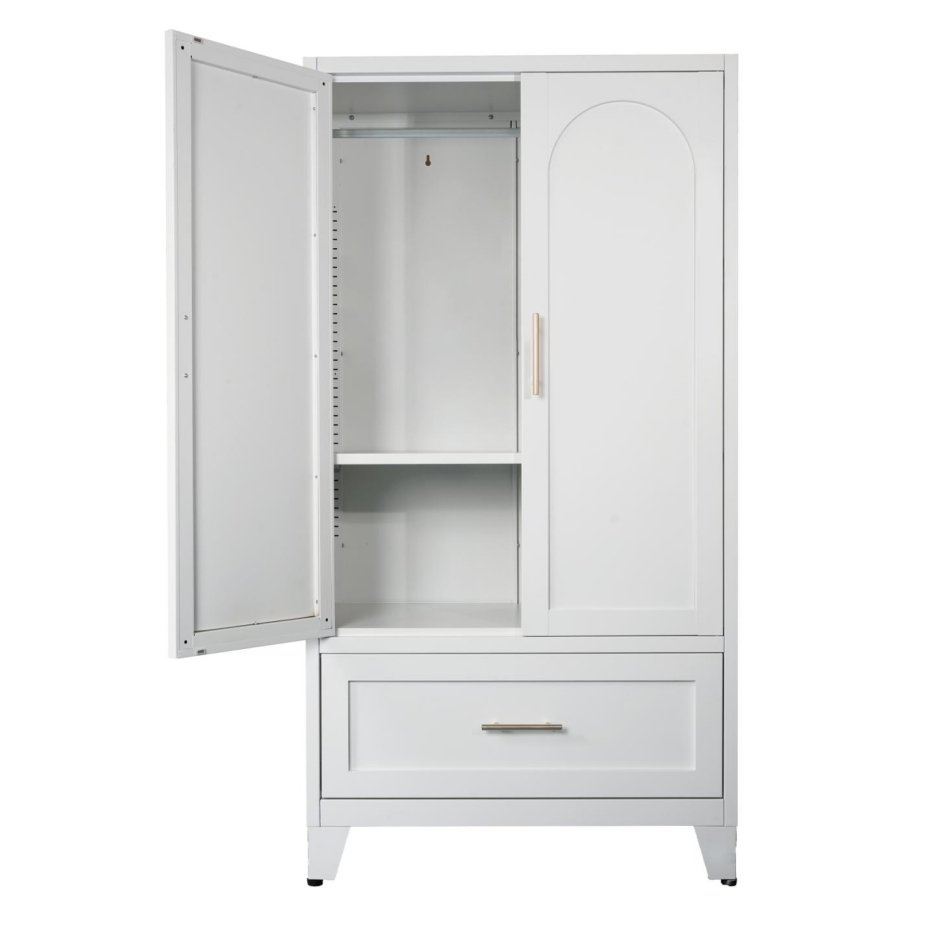 60-Inch Tall Metal Wardrobe Cabinet with Drawer & Shelf - White