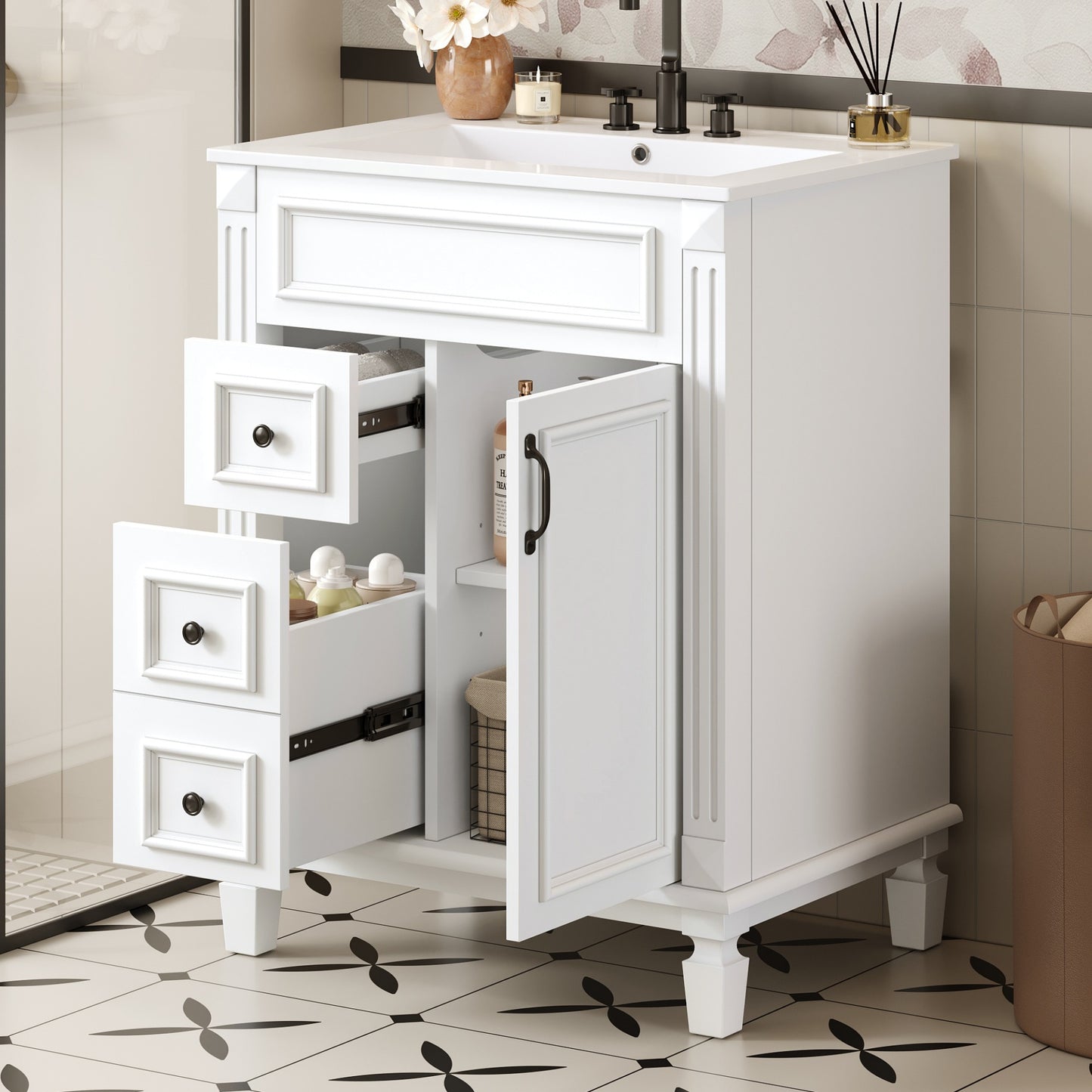 24 Bathroom Vanity With Ceramic Sink, Small Sink Cabinet, Modern