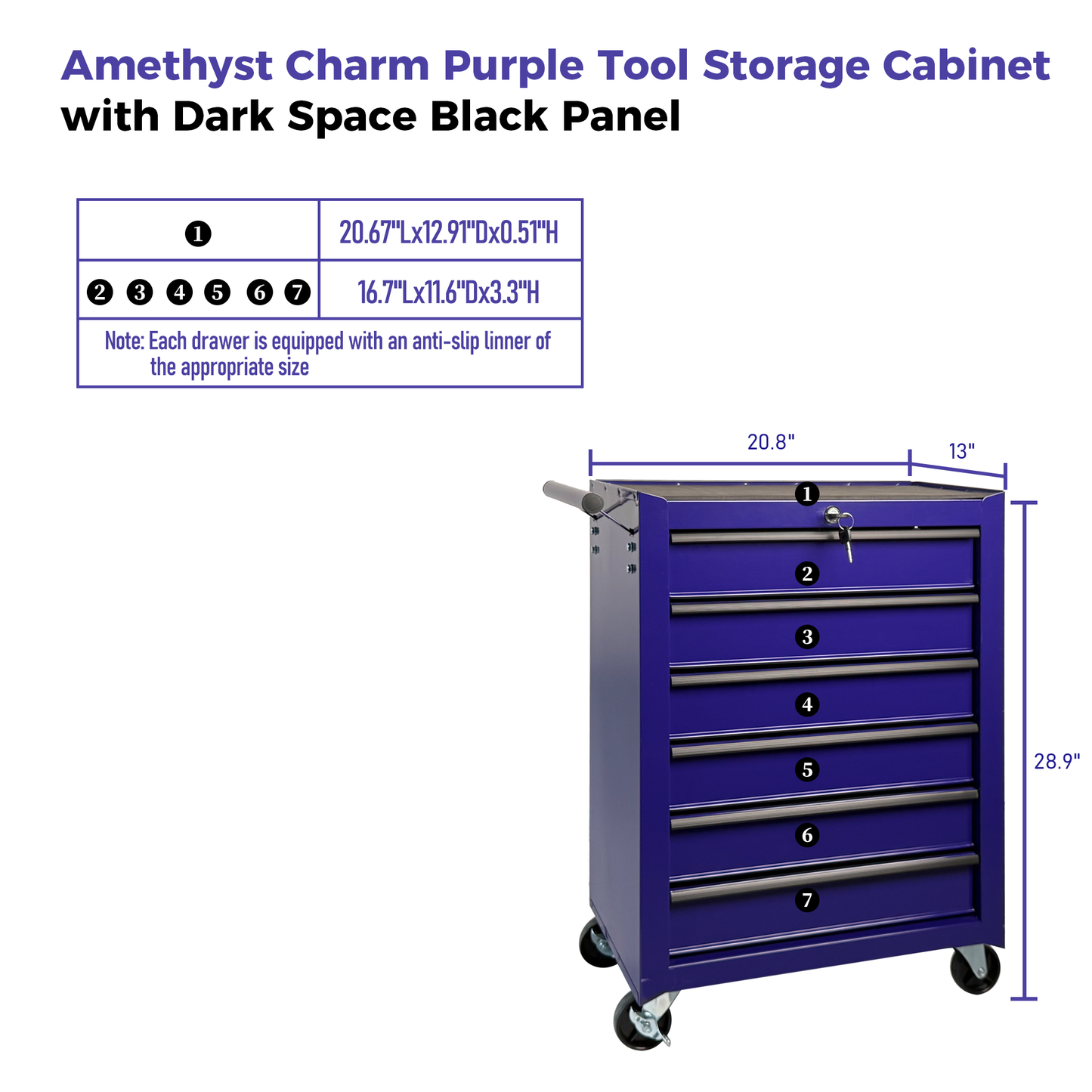 Rolling Metal Tool Chest with 6 Drawers - 20" Steel Storage - Purple