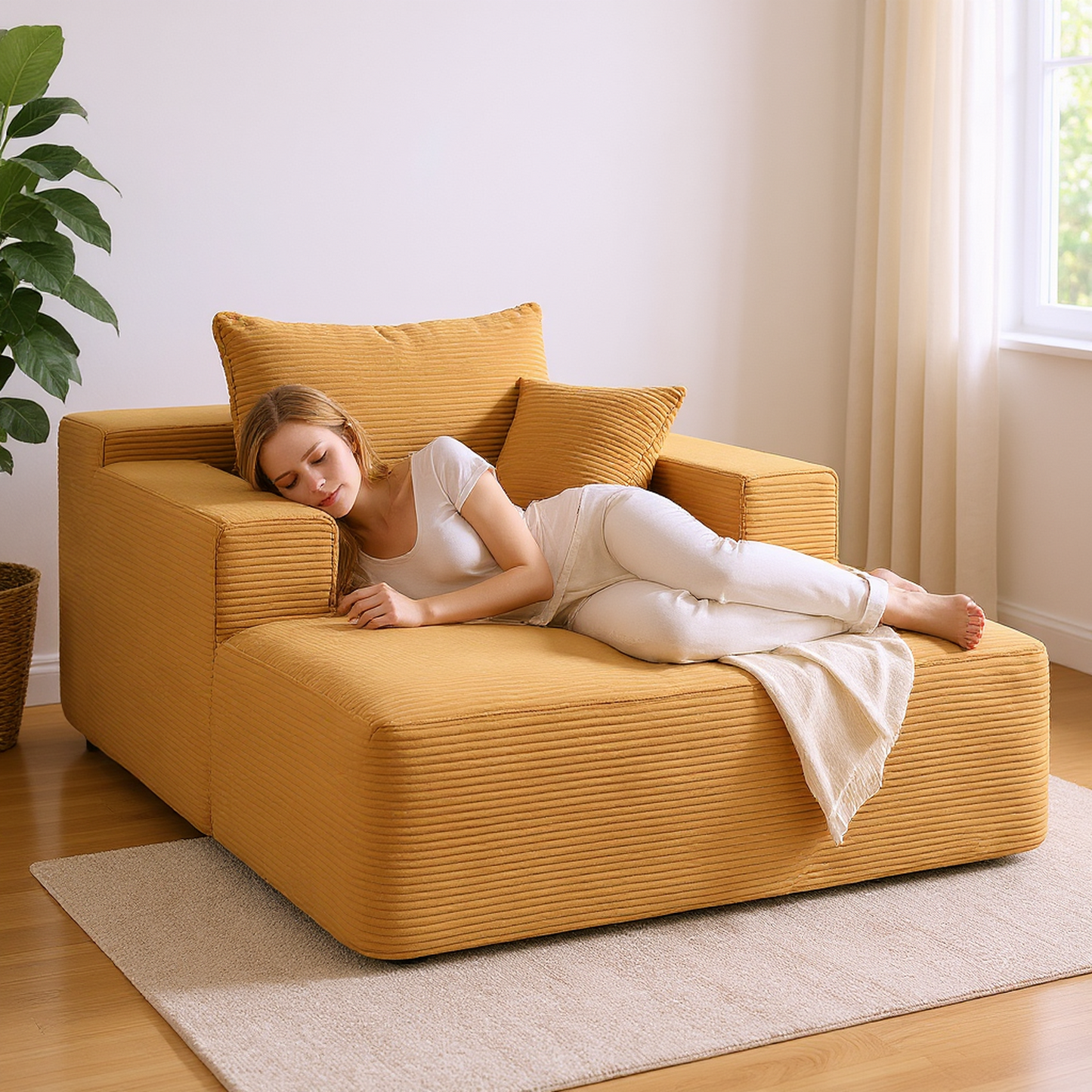 Convertible Chaise Lounge Chair Indoor Oversized Corduroy Couch With