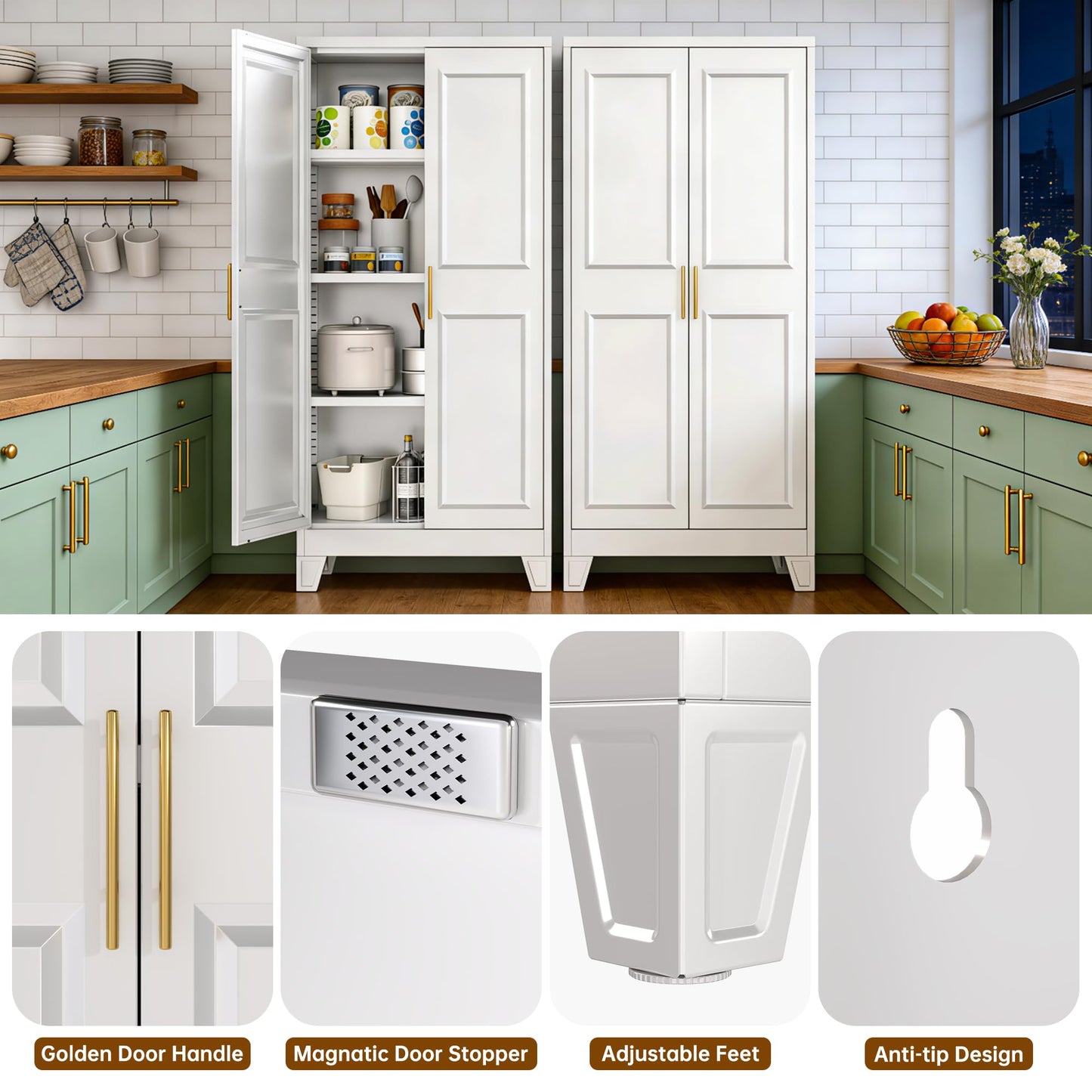 Metal Kitchen Pantry Cabinet with Adjustable Shelves - White