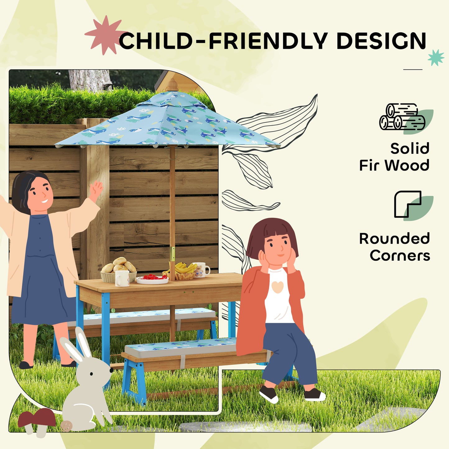 Kids Picnic Table Set with Foldable Umbrella & Cushions - Dinosaur Theme, Blue