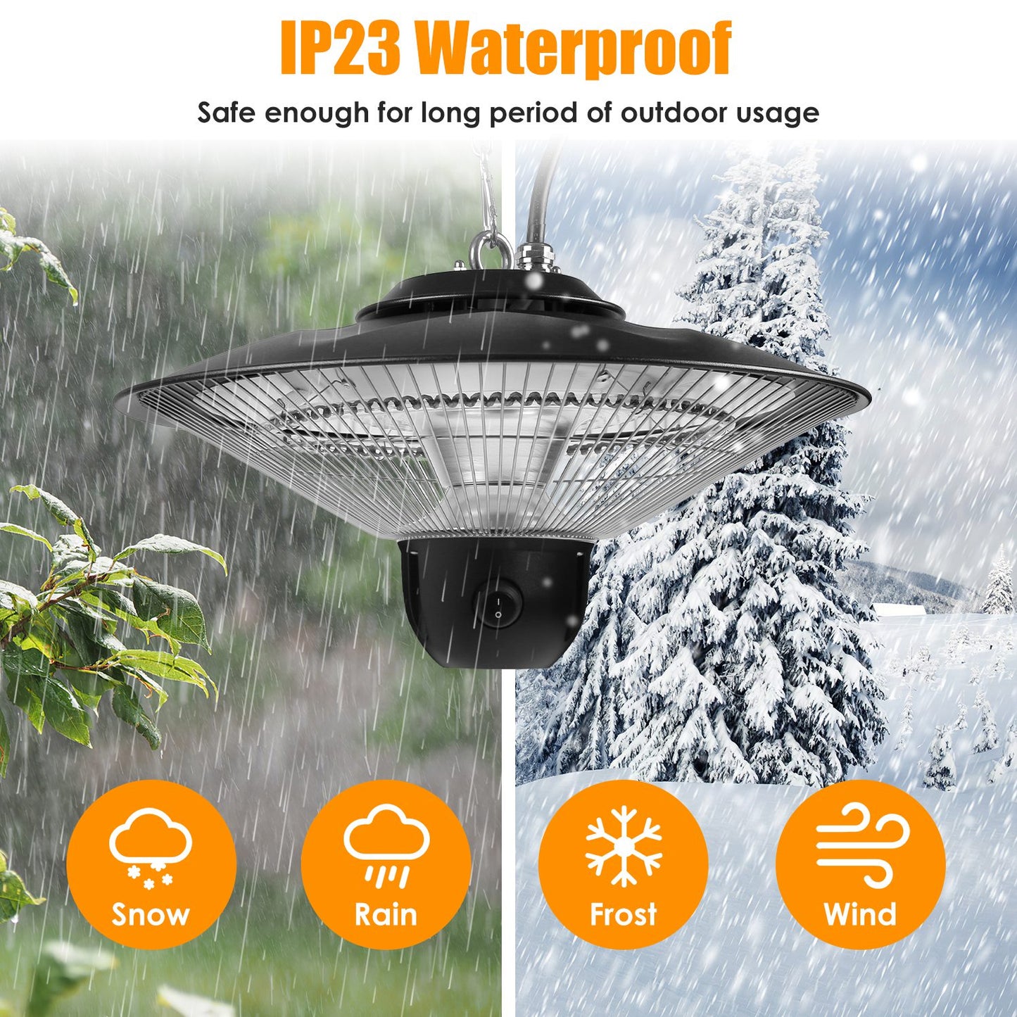1500W Outdoor Ceiling Mount Patio Heater IP23 Waterproof with Remote & Timer - Black