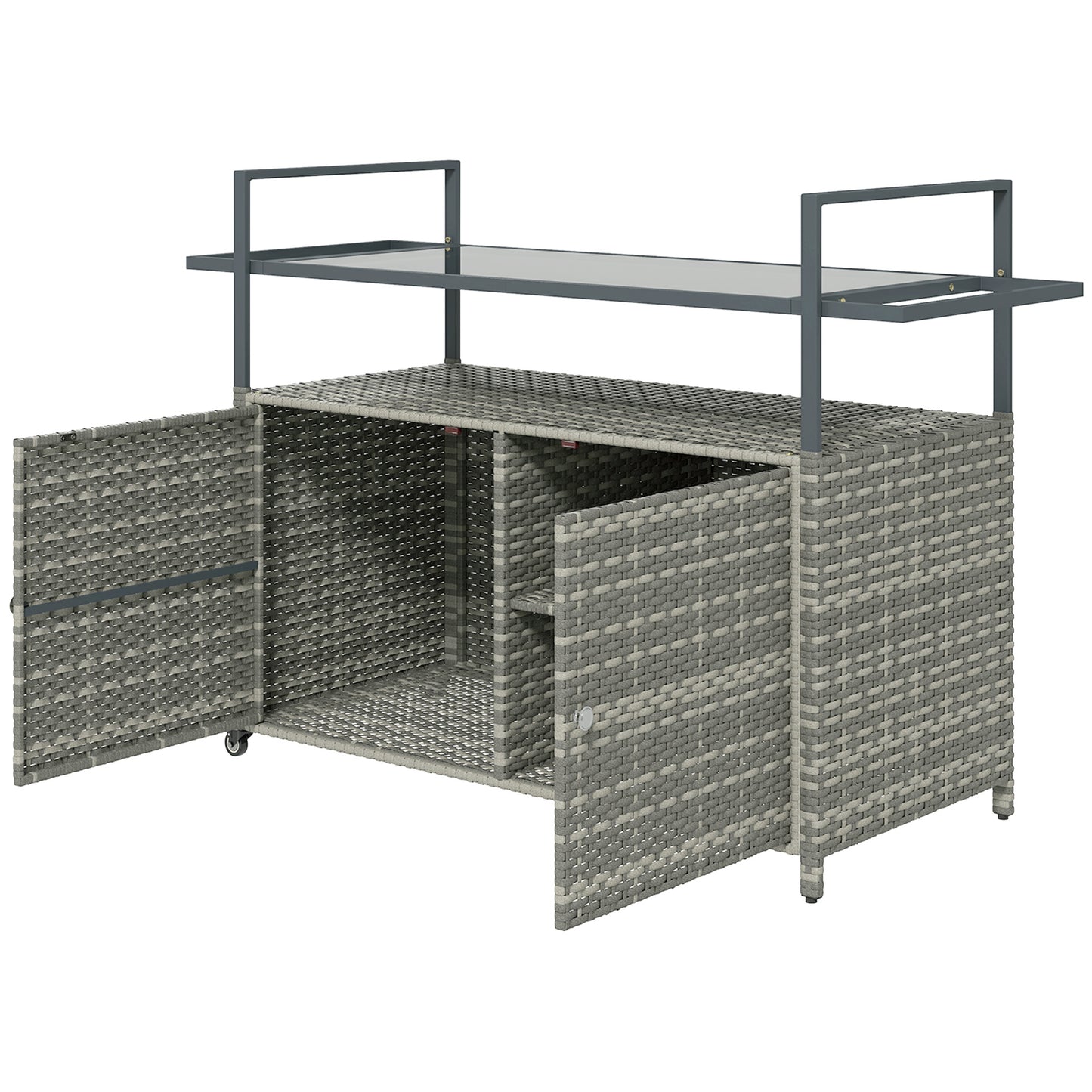 2-Tier Shelf PE Rattan Outdoor Bar Table, Glass Top Serving Cart With