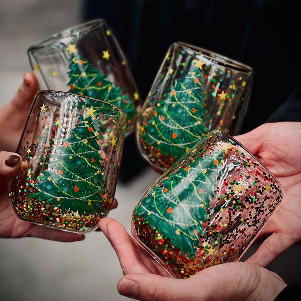 Christmas Tree Tumbler with Flowing Sequins Double Layer 380ML - Heat Resistant Holiday Drinkware