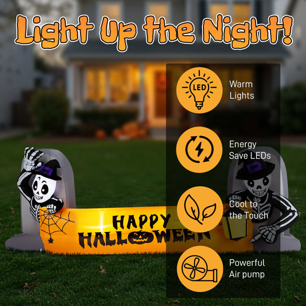 9.6FT Halloween Inflatable Skeleton Tombstone Banner with LEDs