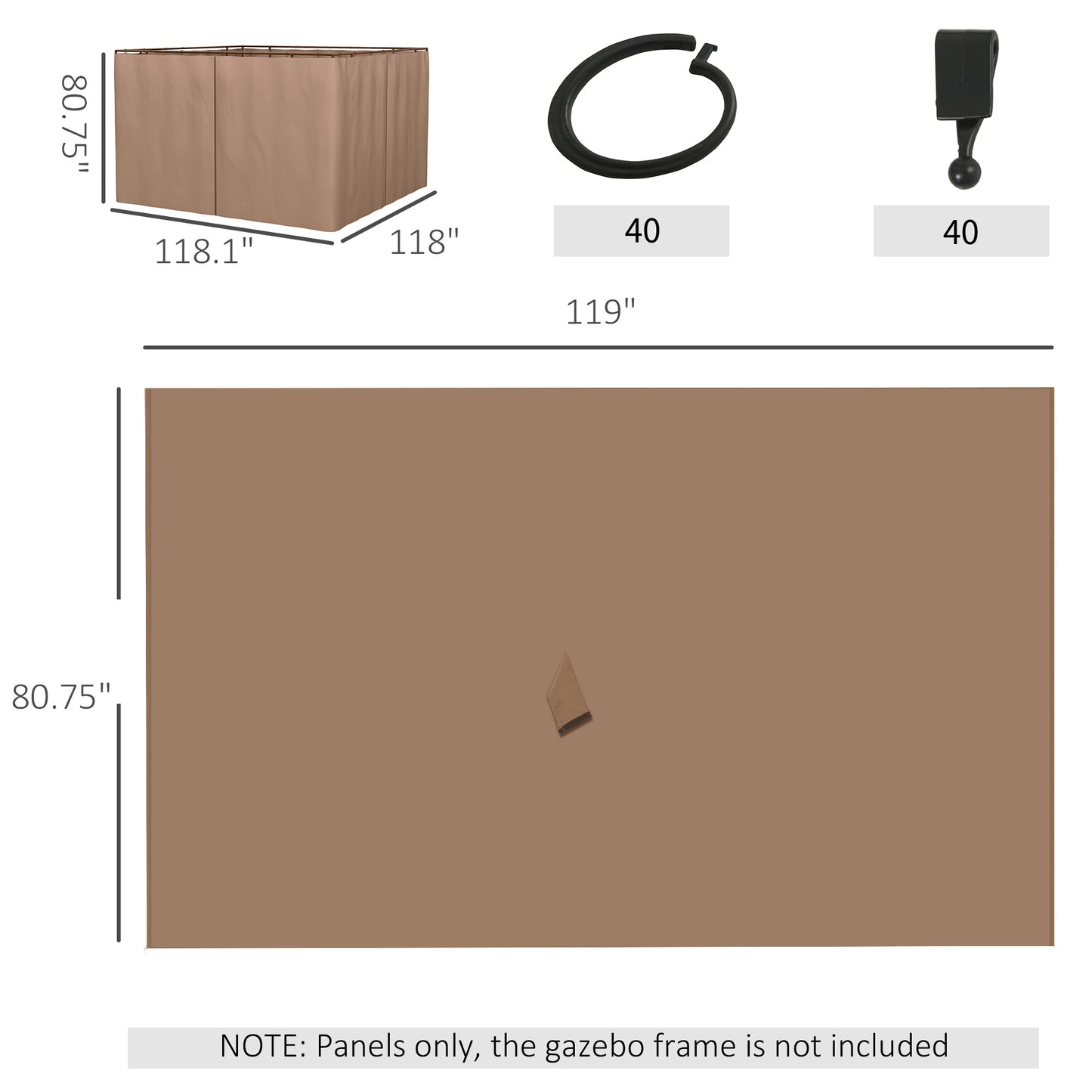 Gazebo Sidewall Set with Hooks & C-Rings - Brown, 9.84' x 9.84'