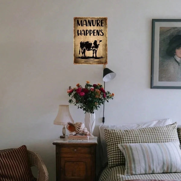 Funny Manure Happens Cow Metal Sign - Wall Art Decor 8x12in