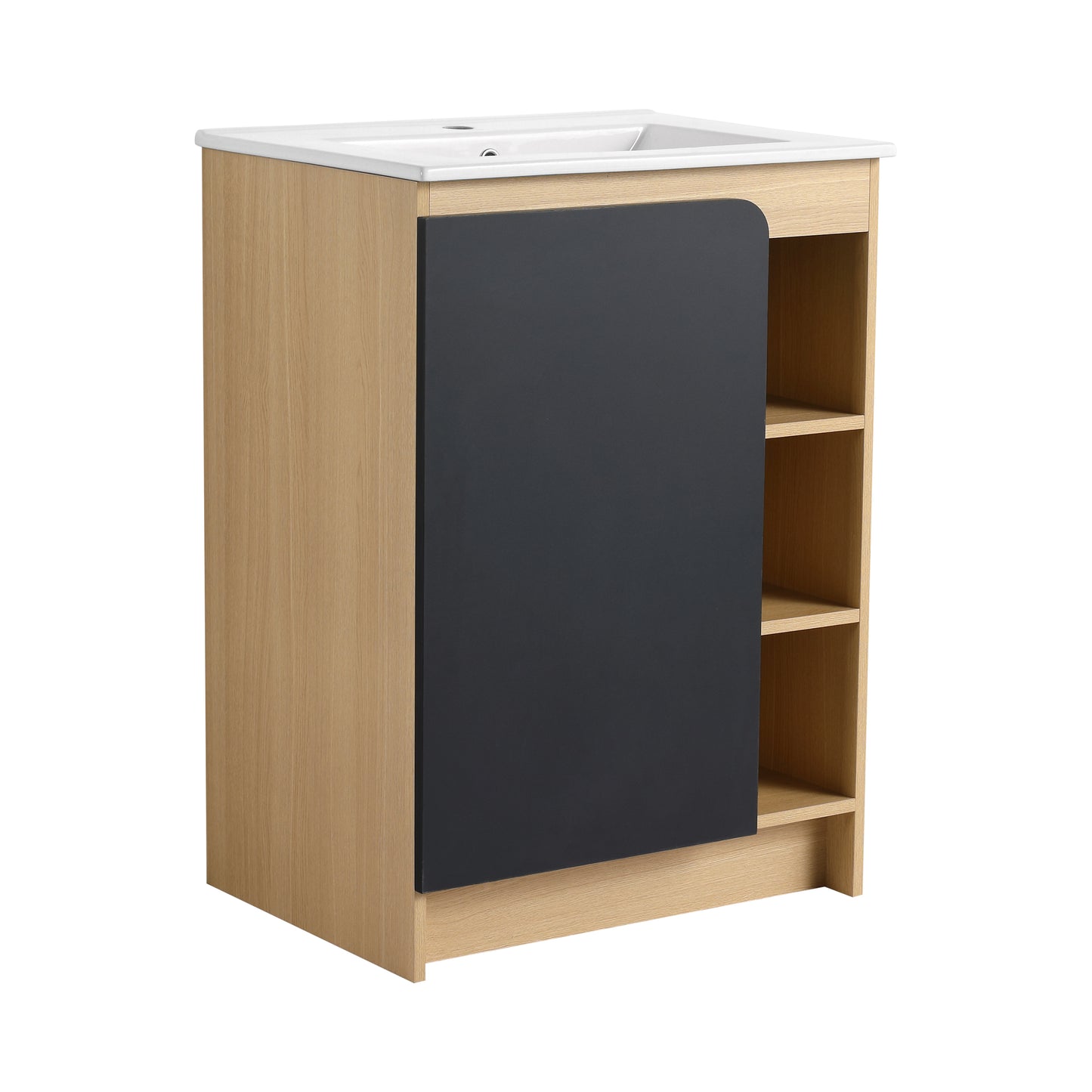 24" Light Oak Bathroom Vanity with Ceramic Sink & Open Shelves