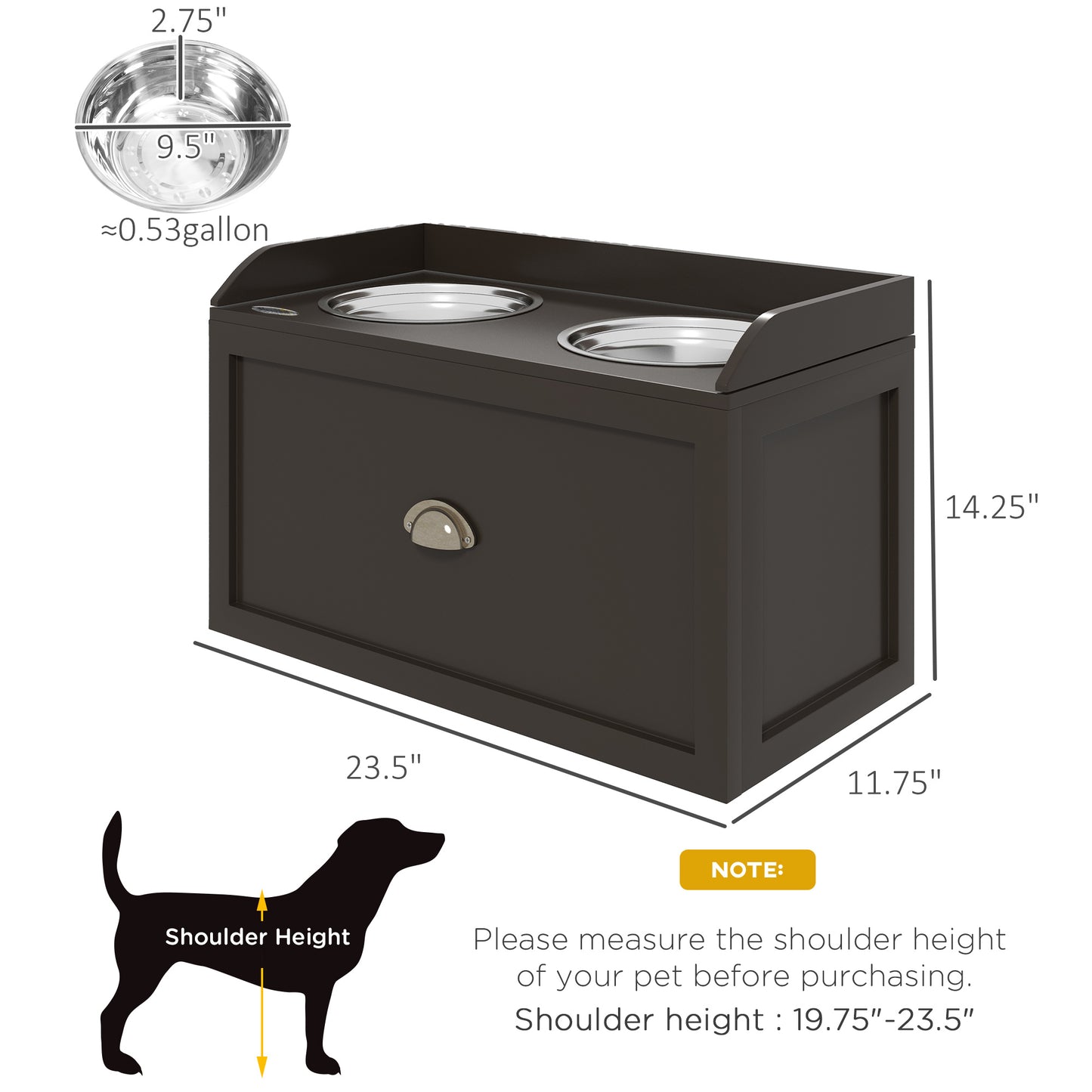 Elevated Pet Feeding Station with Storage - Large Dog Bowls in Coffee