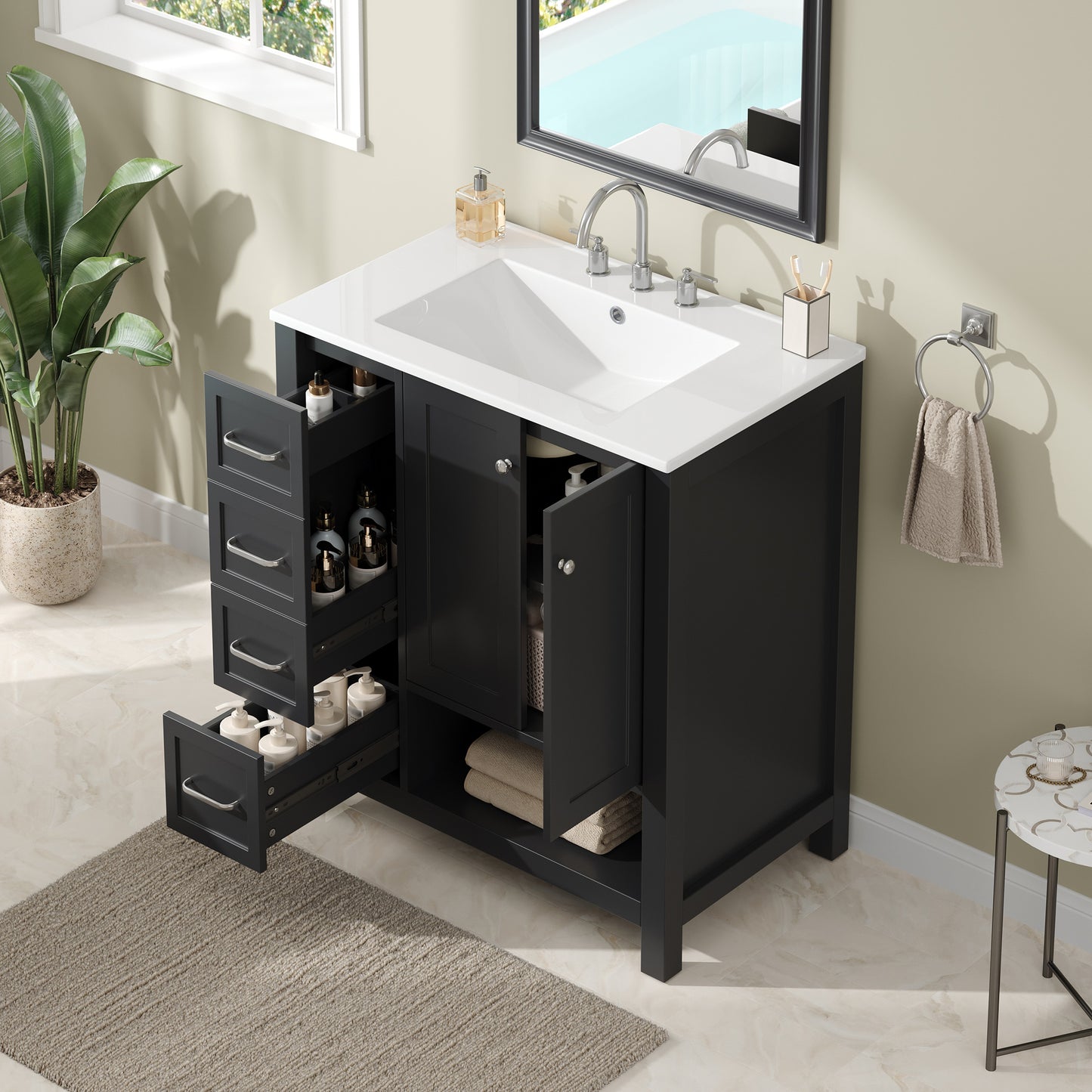 30-Inch Bathroom Vanity with Sink Top - Black Solid Wood & MDF