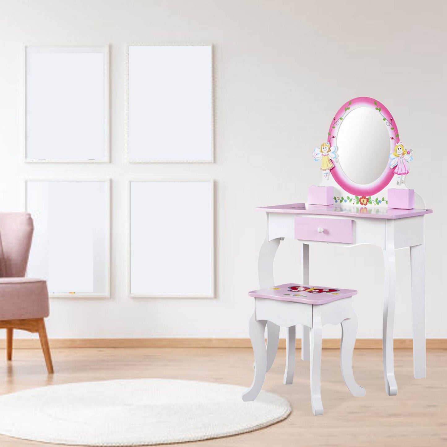 Kids Vanity Set Floral Printed Wooden Makeup Dressing Princess Table