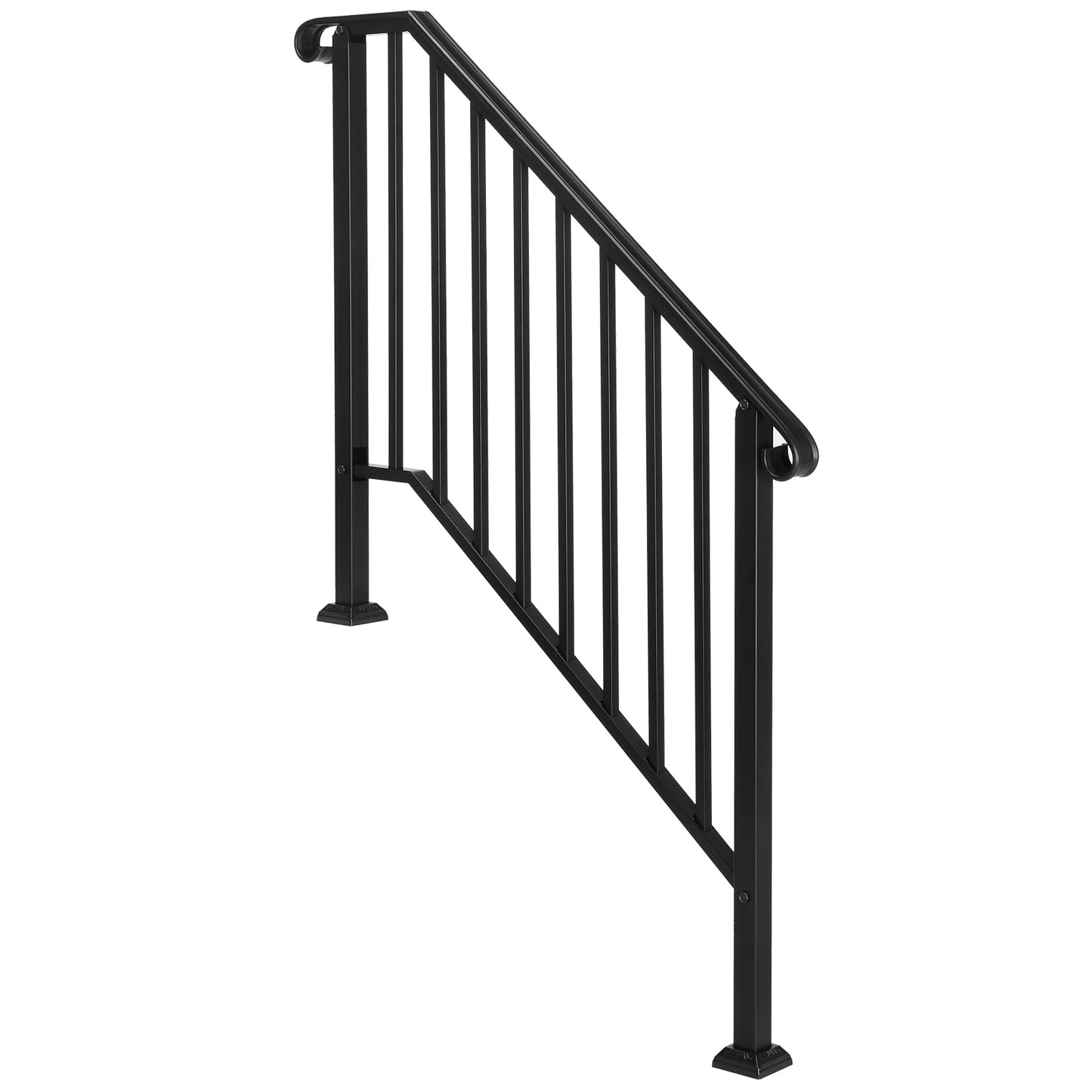 Black Wrought Iron Outdoor Stair Handrail for 3 or 4 Steps - Garden & Patio Railing with Installation Kit