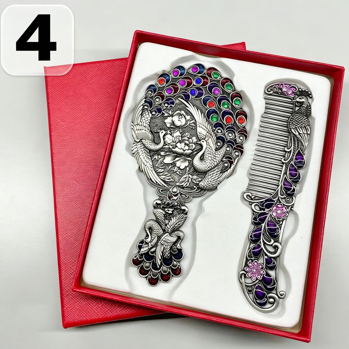 Vintage Peacock Mirror & Comb Set - Antique Metal Handheld Vanity Accessory with Gift Box