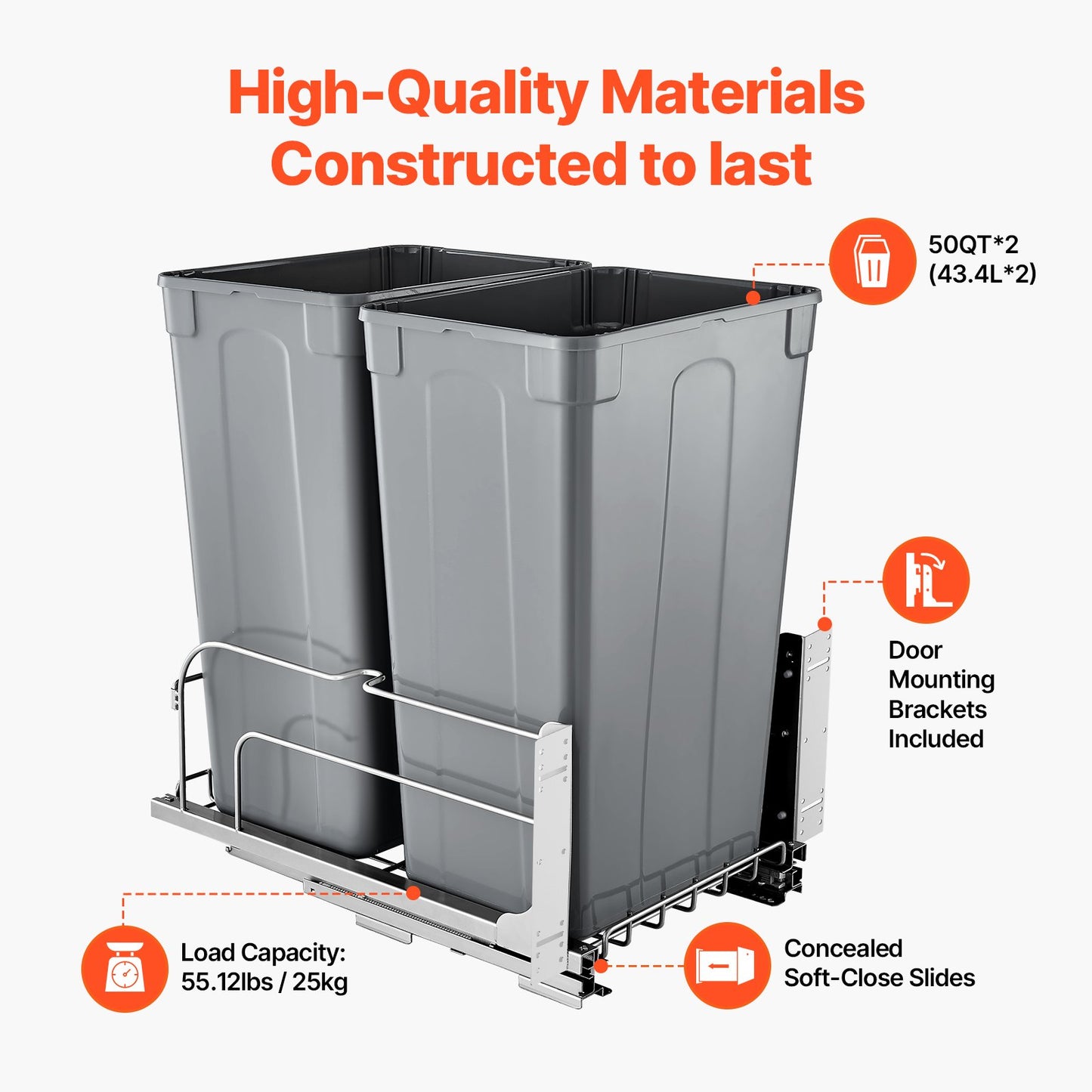 Pull-Out Kitchen Trash Can with Soft Close - 50QT Dual Bin, Grey