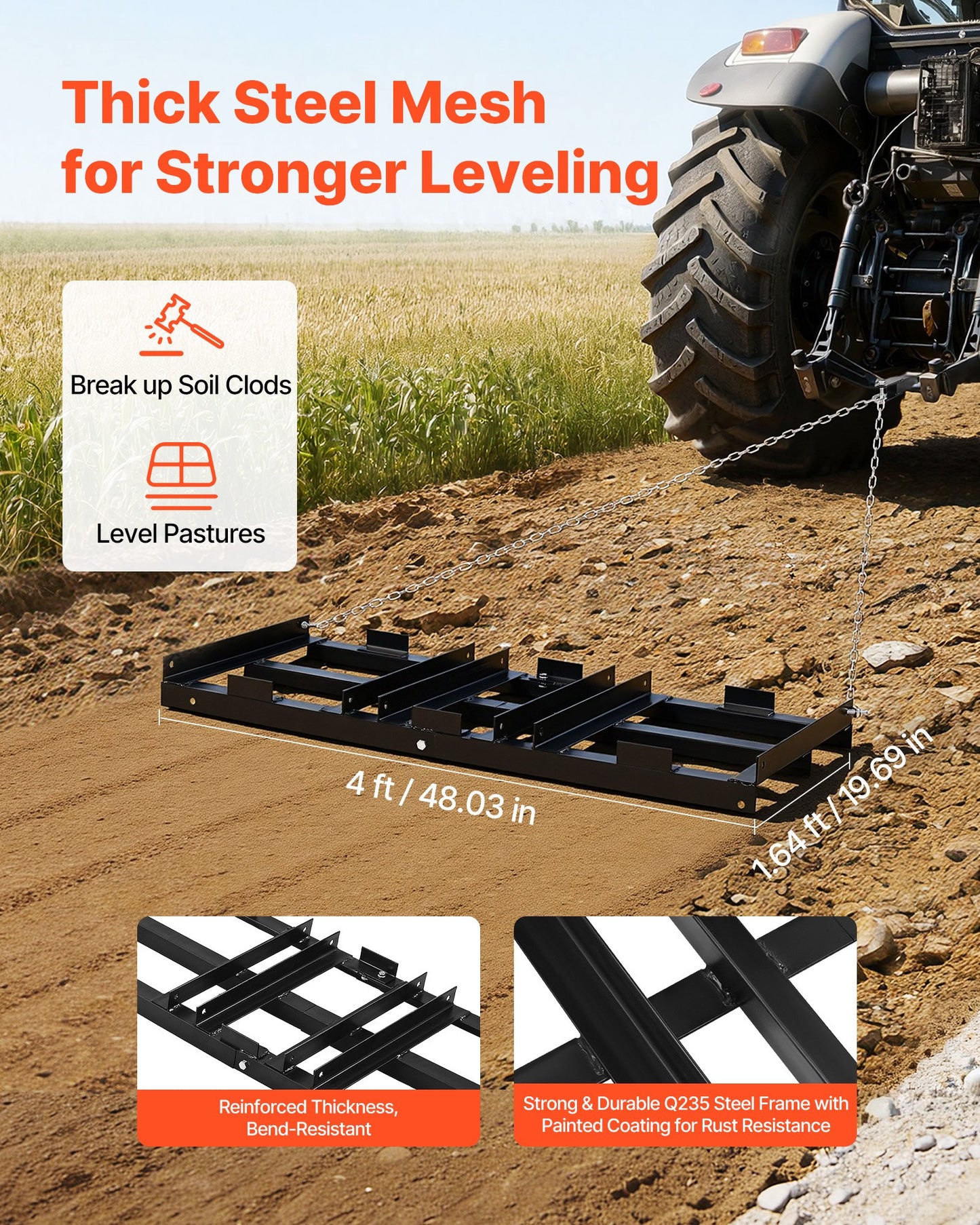 Heavy Duty Tow-Behind Drag Harrow 48x20in for Driveways Lawns Tractors ATV UTV