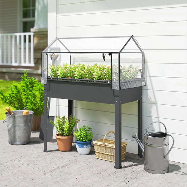 Elevated Garden Bed with Mini Greenhouse - Dark Gray