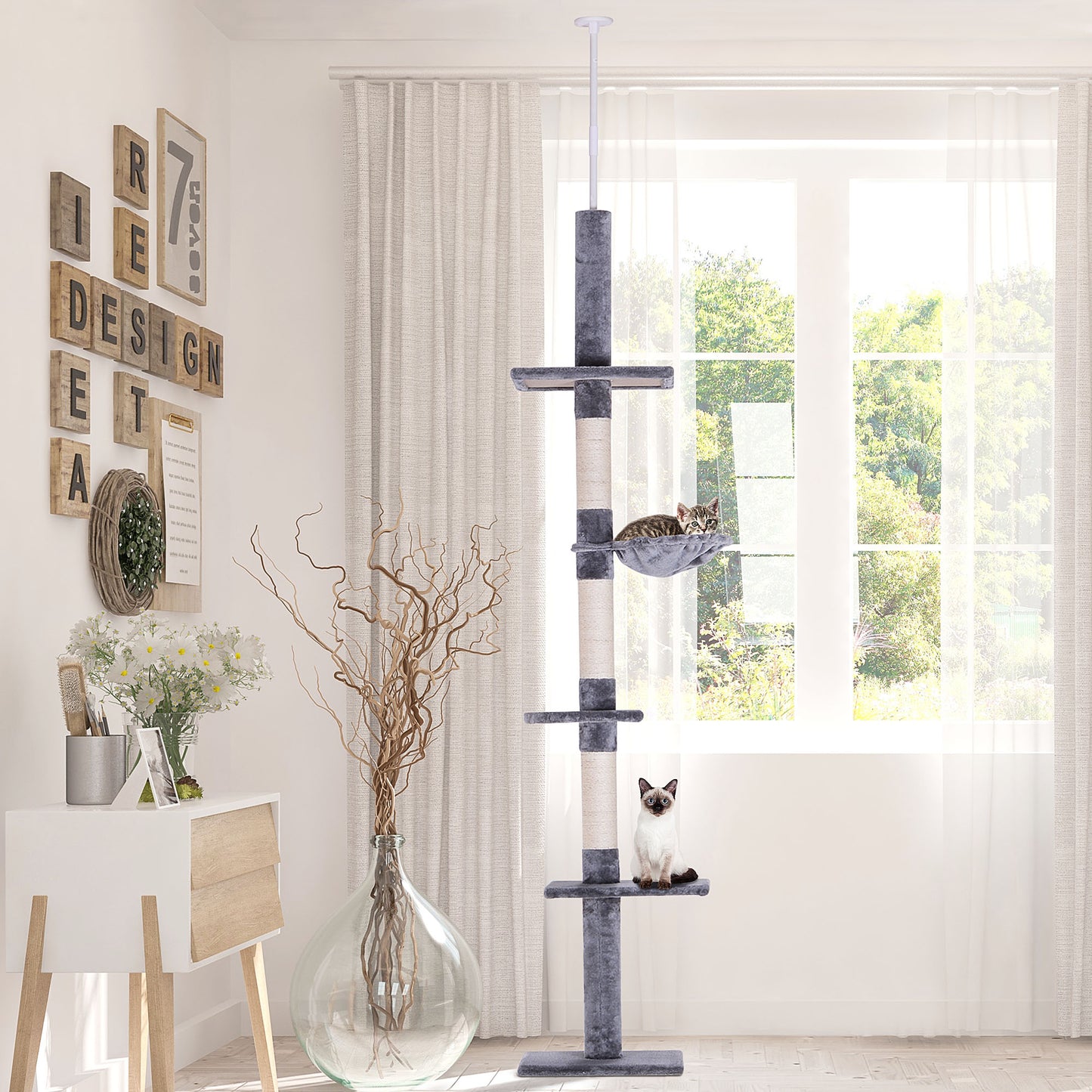 Adjustable 102-Inch Cat Tree with Multiple Platforms, Scratching Posts & Hammock - Gray