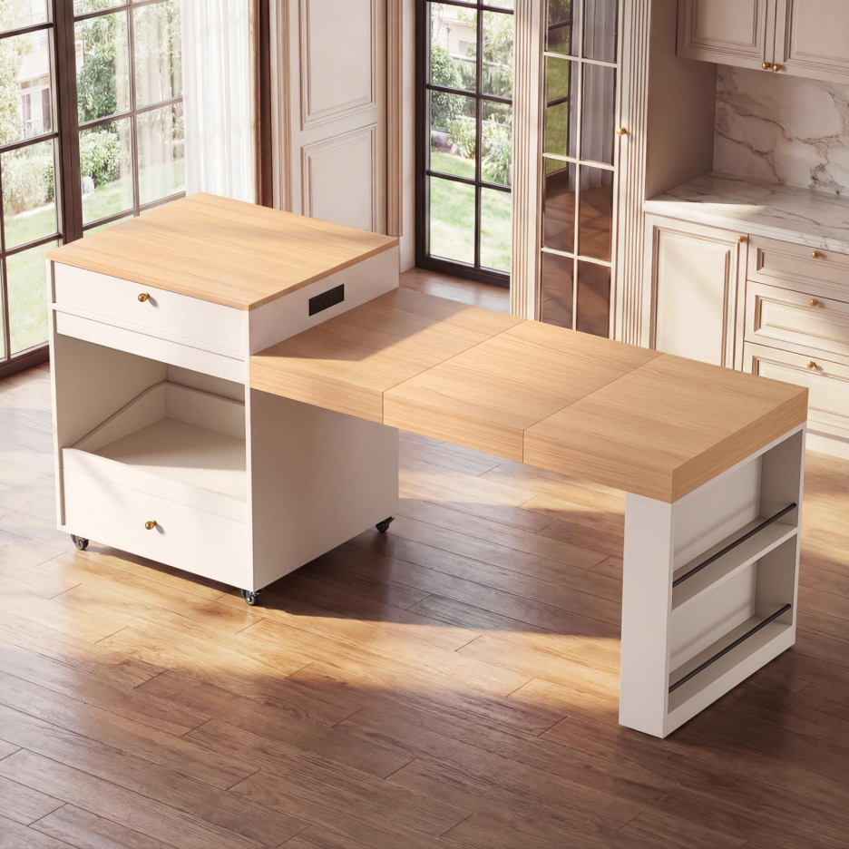 78.8" Rolling Kitchen Island with Extendable Dining Table - White