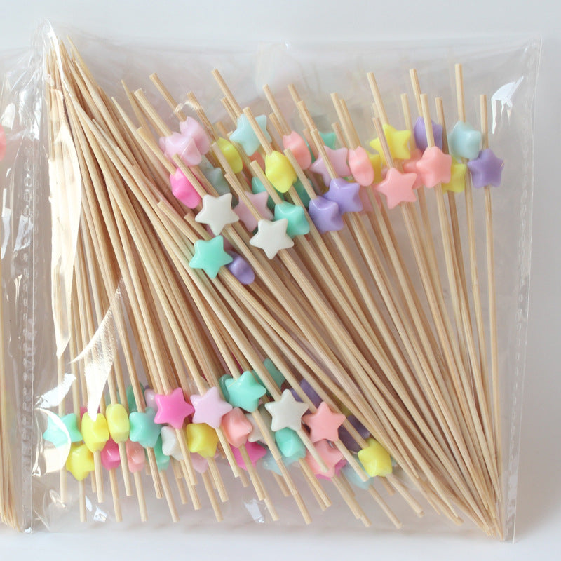 Set of 100 Bamboo Fruit Toothpicks with Colorful Star and Flower Designs, 12cm
