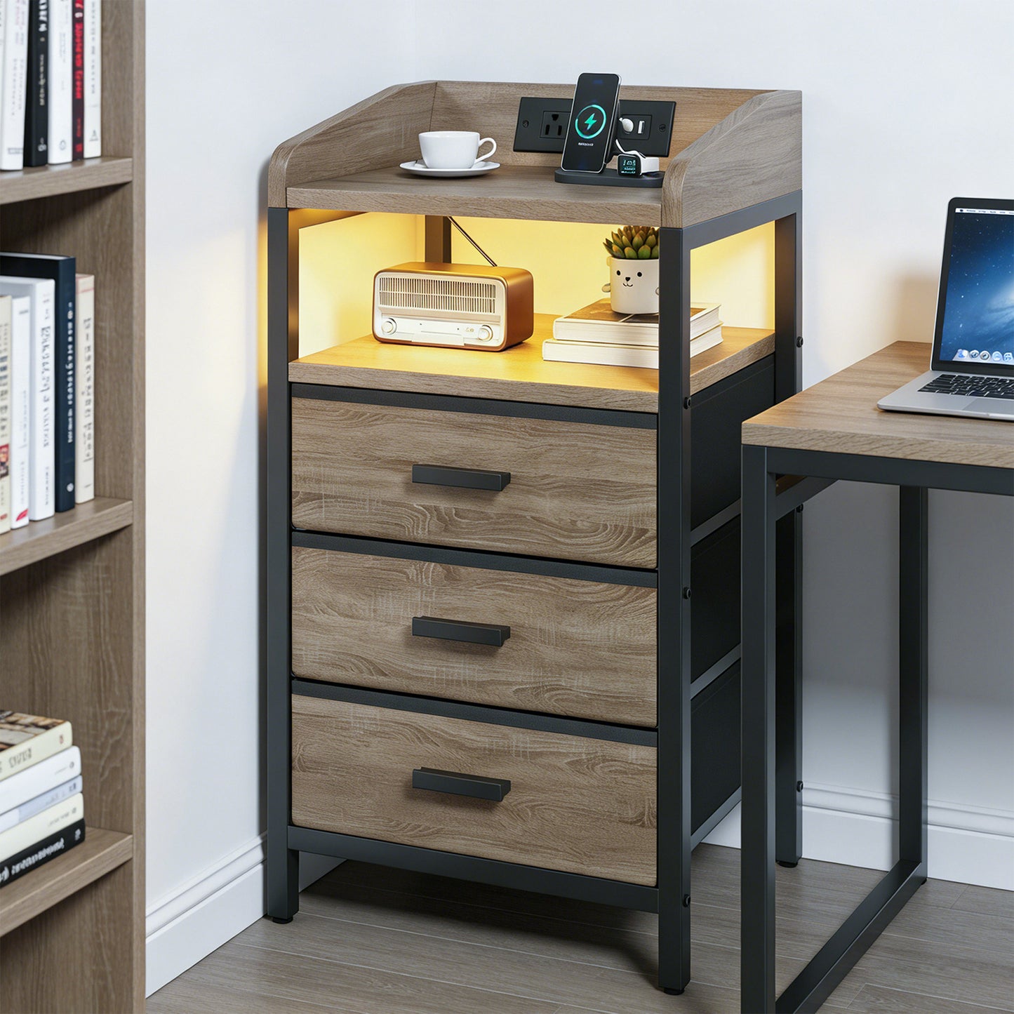 Nightstand with Charging Station and Fabric Drawers - Bedside End Table