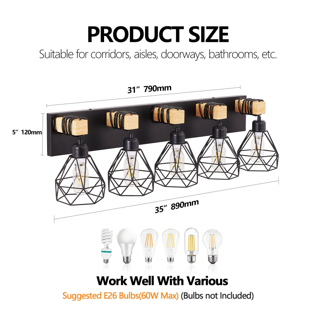 Modern Geometric 5-Light Vanity Light Fixture - Black Metal & Wood