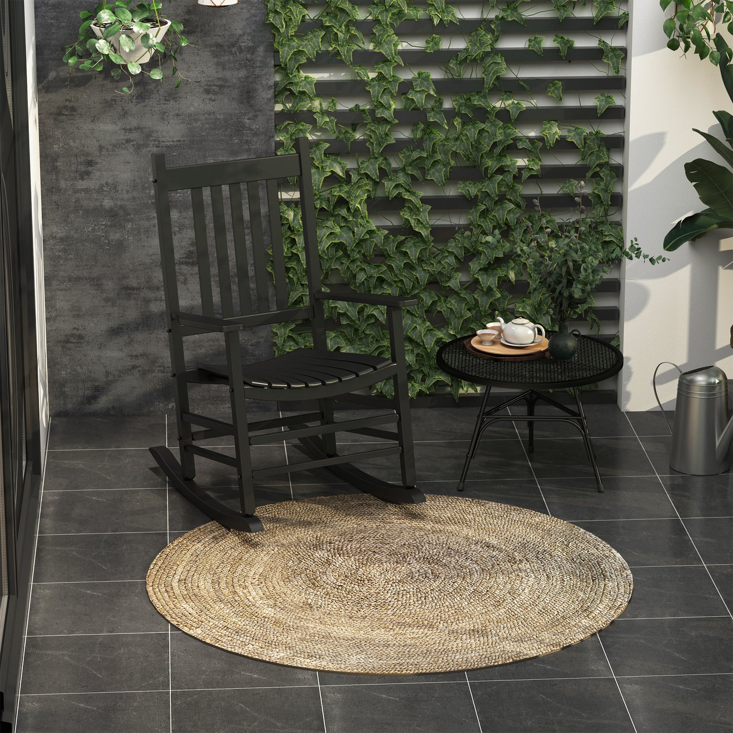 Wooden Outdoor Rocking Chair with Armrests - Black