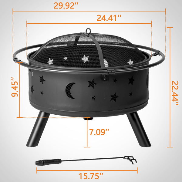 30-Inch Black Metal Fire Pit for Garden and Outdoor Use