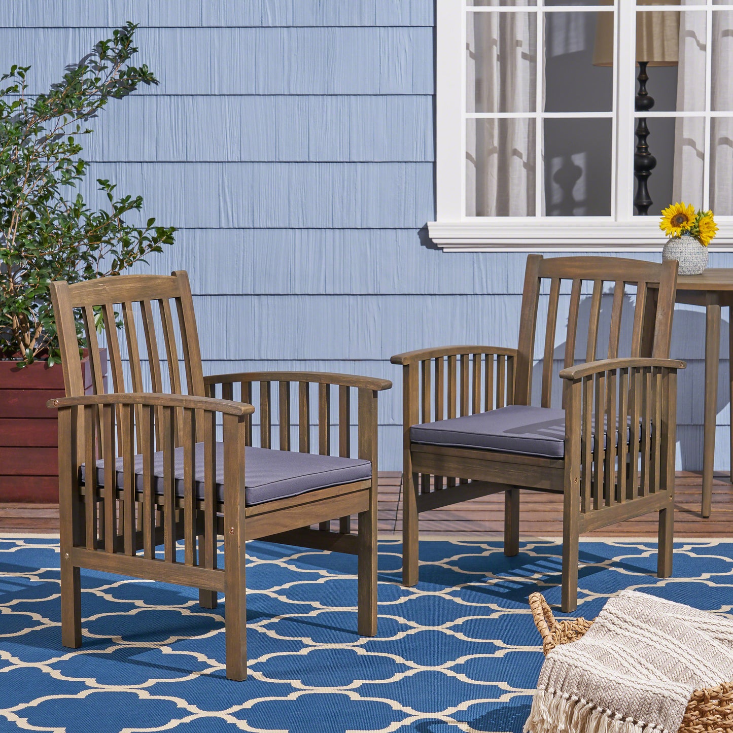 Acacia Wood Dining Chairs Set with Cushions - Dark Grey, 2PCS